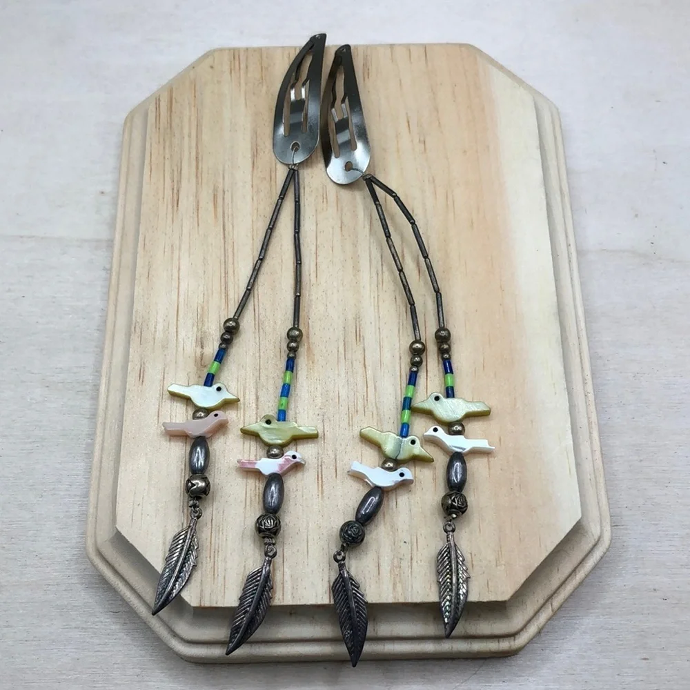 Upcycled Native American Totem Birds Long Dangle Hair Clips Lot 2 Festival Boho